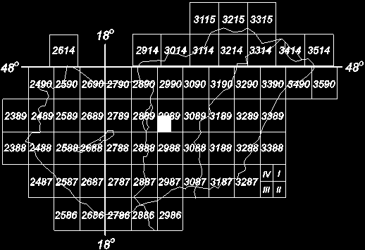 Amerikai készítésű UTM térképek szelvényezése 1: 100 000 méretarányú UTM szelvénybeosztás (Forrás: Varga, 2005). A topográfiai szelvények fedőterületét itt is fokhálózati vonalak határolják.