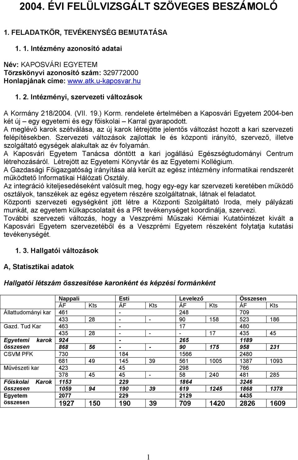 rendelete értelmében a Kaposvári Egyetem 2004-ben két új egy egyetemi és egy főiskolai Karral gyarapodott.