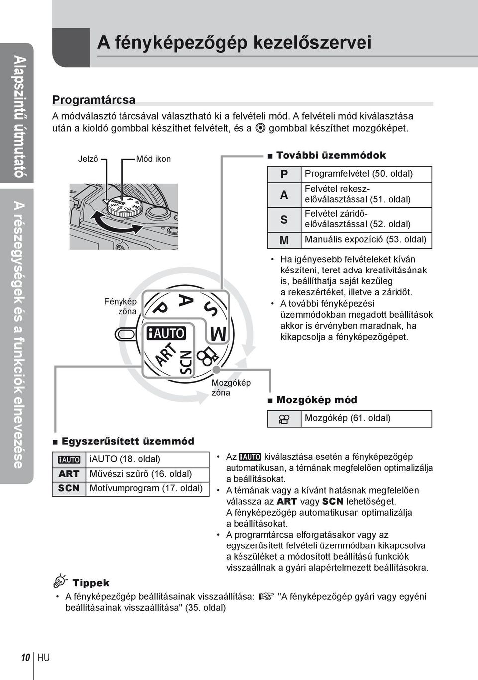 Jelző Fénykép zóna Mód ikon Egyszerűsített üzemmód Mozgókép zóna További üzemmódok P Programfelvétel (50. oldal) Felvétel rekeszelőválasztással (51. oldal) A Felvétel záridőelőválasztással (52.