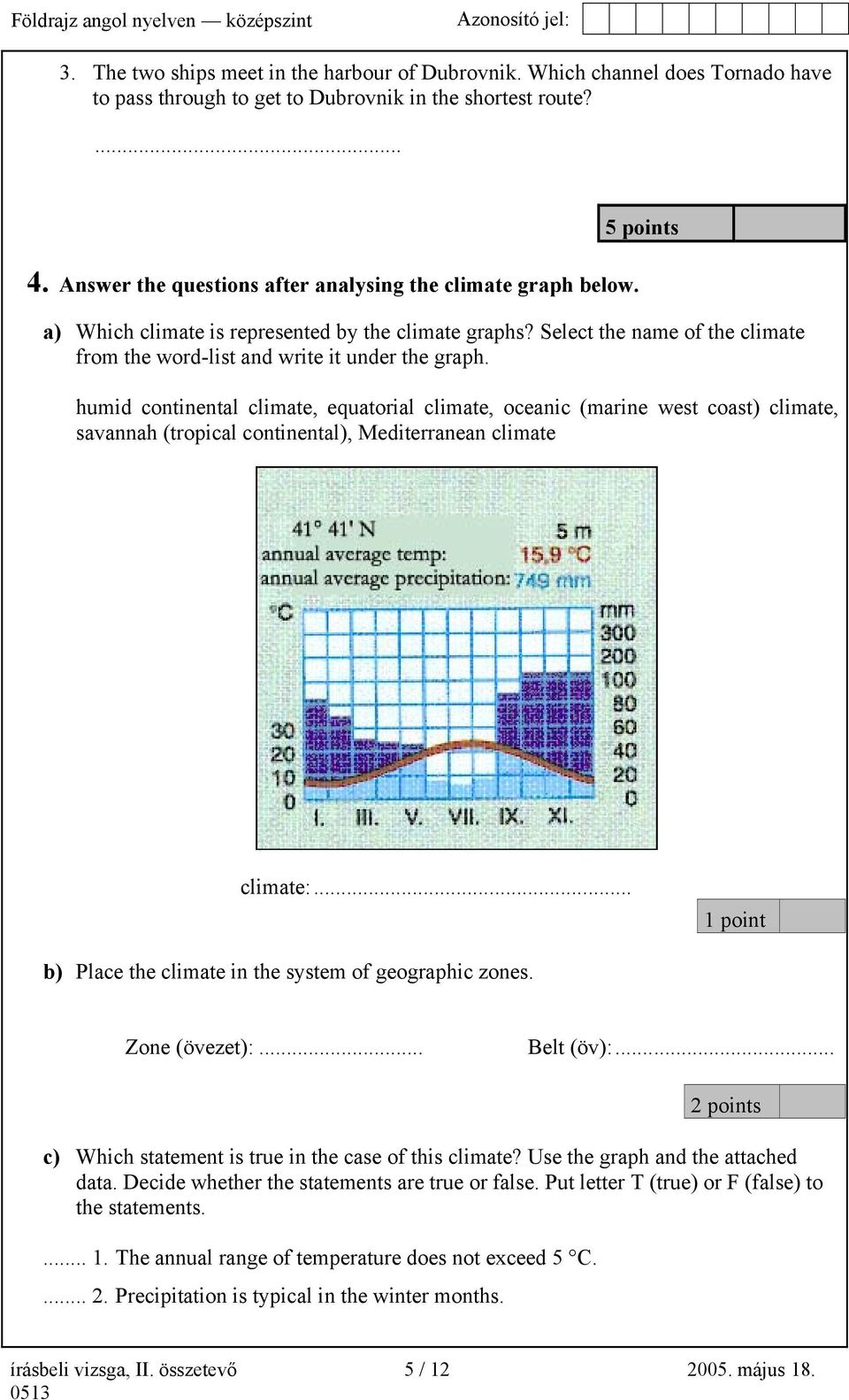 Select the name of the climate from the word-list and write it under the graph.
