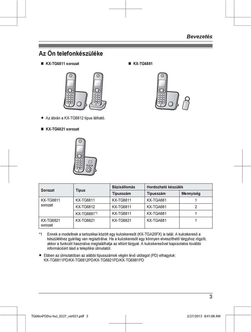 KX-TG6881 *1 KX-TG6811 KX-TGA681 1 KX-TG6821 KX-TG6821 KX-TGA681 1 *1 Ennek a modellnek a tartozékai között egy kulcskeresőt (KX-TGA20FX) is talál.
