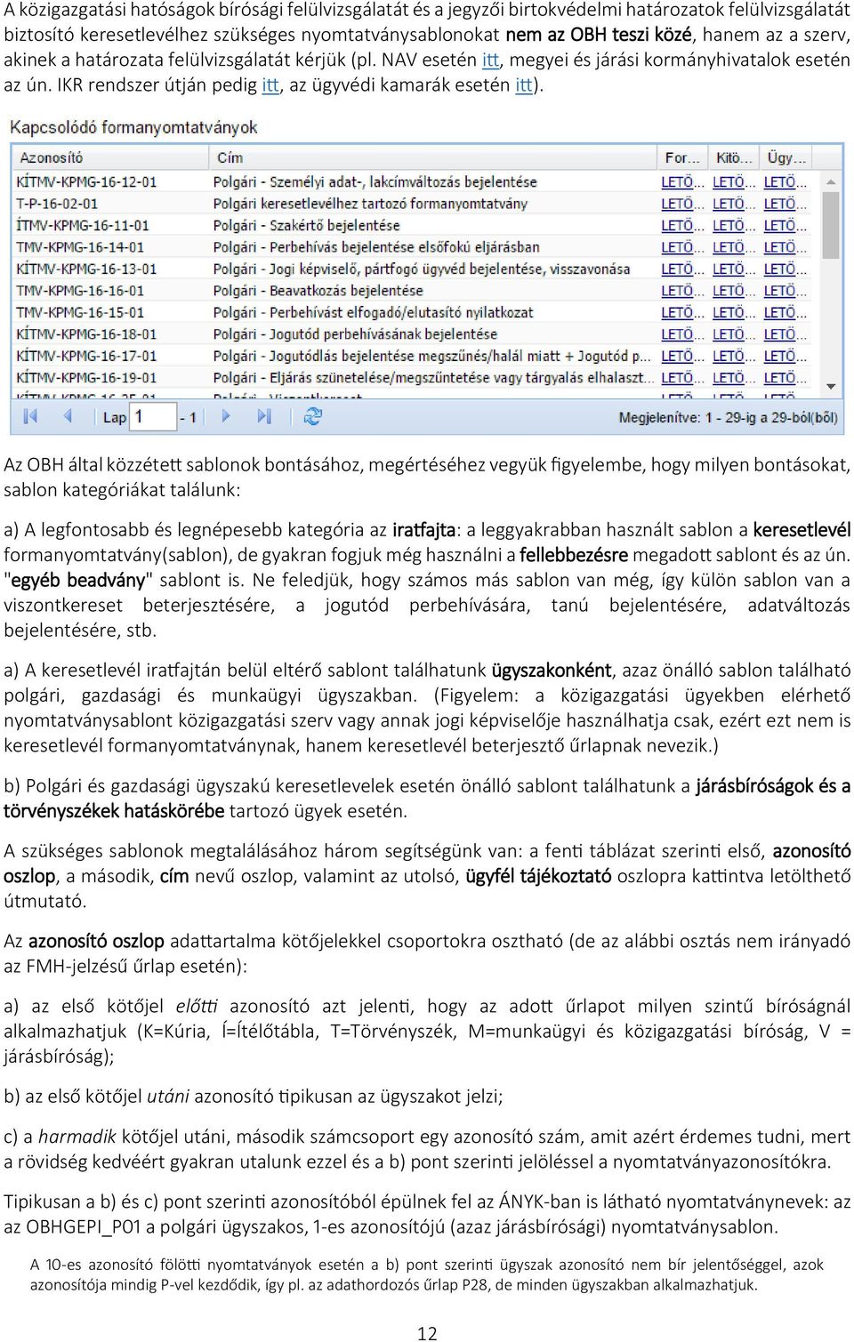 Az OBH által közzétett sablonok bontásához, megértéséhez vegyük figyelembe, hogy milyen bontásokat, sablon kategóriákat találunk: a) A legfontosabb és legnépesebb kategória az iratfajta: a