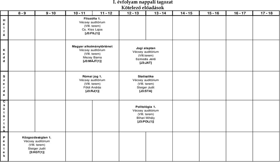 m) Mzy Bana [J3:MÁJT(1)] Jogi alapan Vcsy auióium (VIII.m) Szmois Jnő [J3:JAT] S z a C s ü Római jog 1. Vcsy auióium (VIII. m) Fli Anás [J3:RJ(1)] Saiszia Vcsy auióium (VIII.