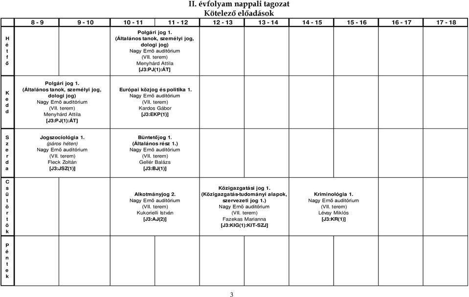 (páos hn) Nagy Enő auióium (VII. m) Flc Zolán [J3:JSZ(1)] Bünőjog 1. (Álalános sz 1.) Nagy Enő auióium (VII. m) Gll Balázs [J3:BJ(1)] C s ü Alományjog 2. Nagy Enő auióium (VII. m) Kuoilli Isván [J3:AJ(2)] Kzigazgaási jog 1.