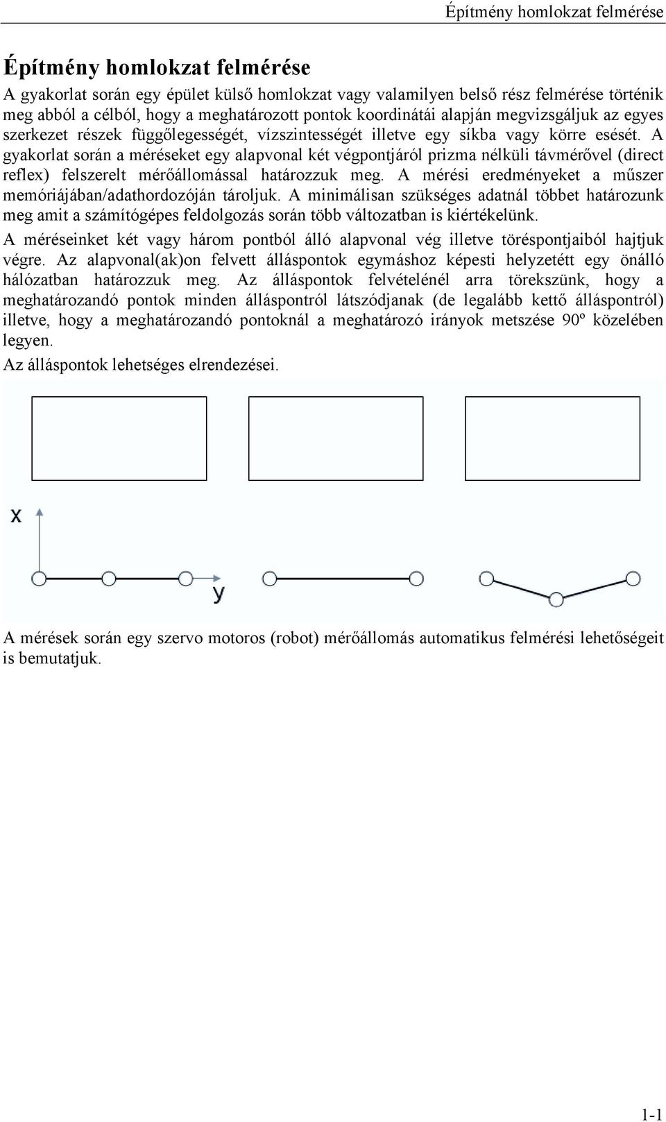 A gyakorlat során a méréseket egy alapvonal két végpontjáról prizma nélküli távmérővel (direct reflex) felszerelt mérőállomással határozzuk meg.