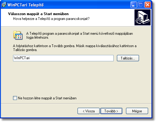 A WinPCTari program 6 Meghatározhatja a WinPCTari program mappáját a Start menüben.