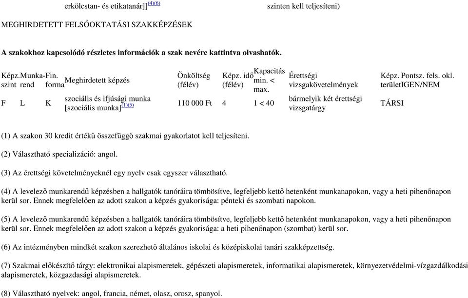 területigen/nem TÁRSI (1) A szakon 30 kredit értékű összefüggő szakmai gyakorlatot kell teljesíteni. (2) Választható specializáció: angol.