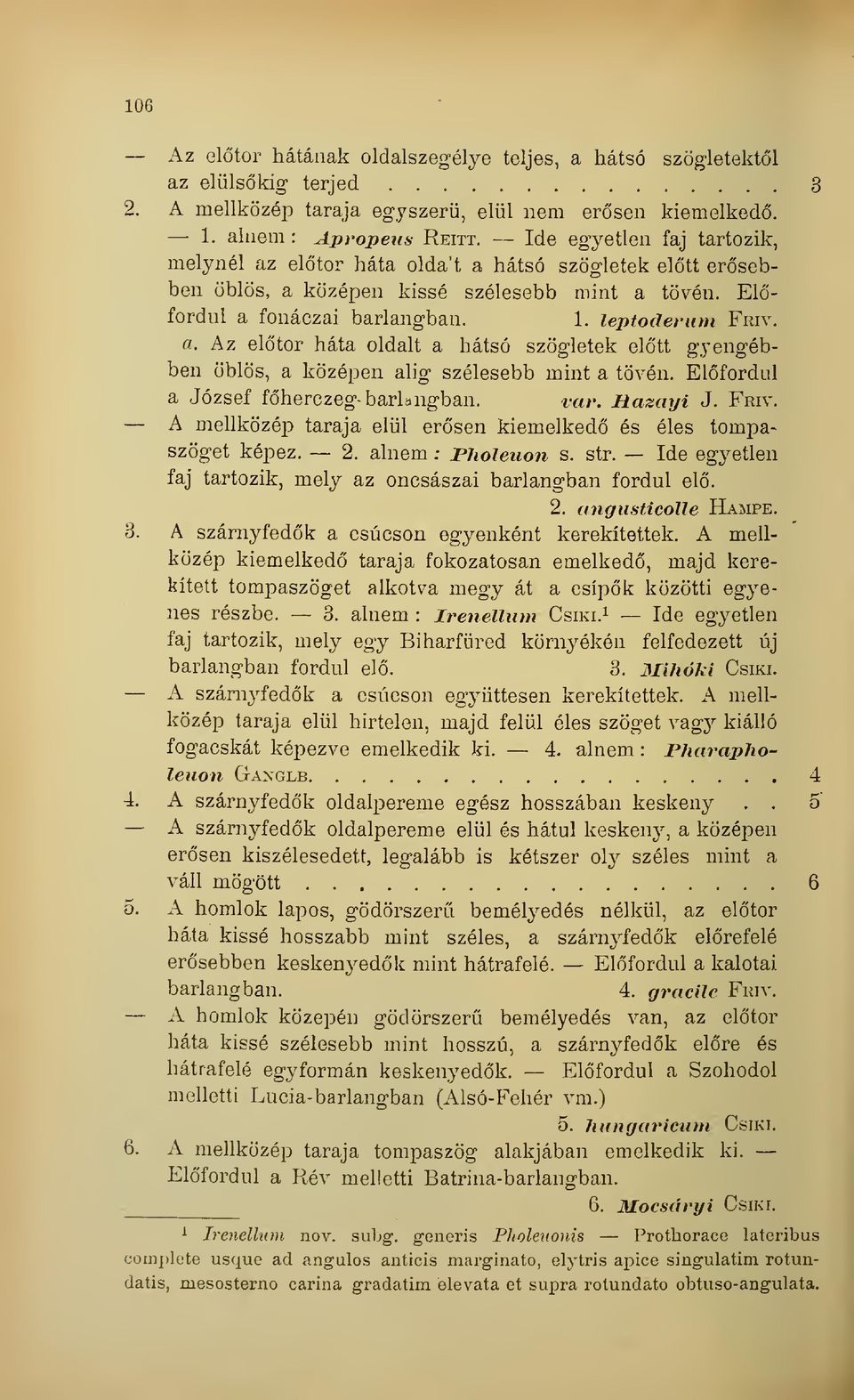 Elfordul a József fherczeg- barlangban. var. Hazayi J. Fmv. A mellközép taraja elül ersen kiemelked és éles tompaszöget képez. 2. alnem ; Fholeuon s. str.