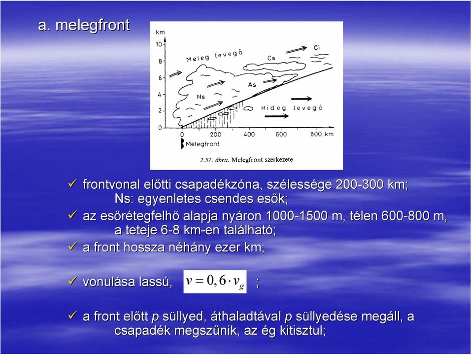 6-86 8 km-en található; a front hossza néhány ezer km; v= 0,6 v g vonulása lassú, ; a