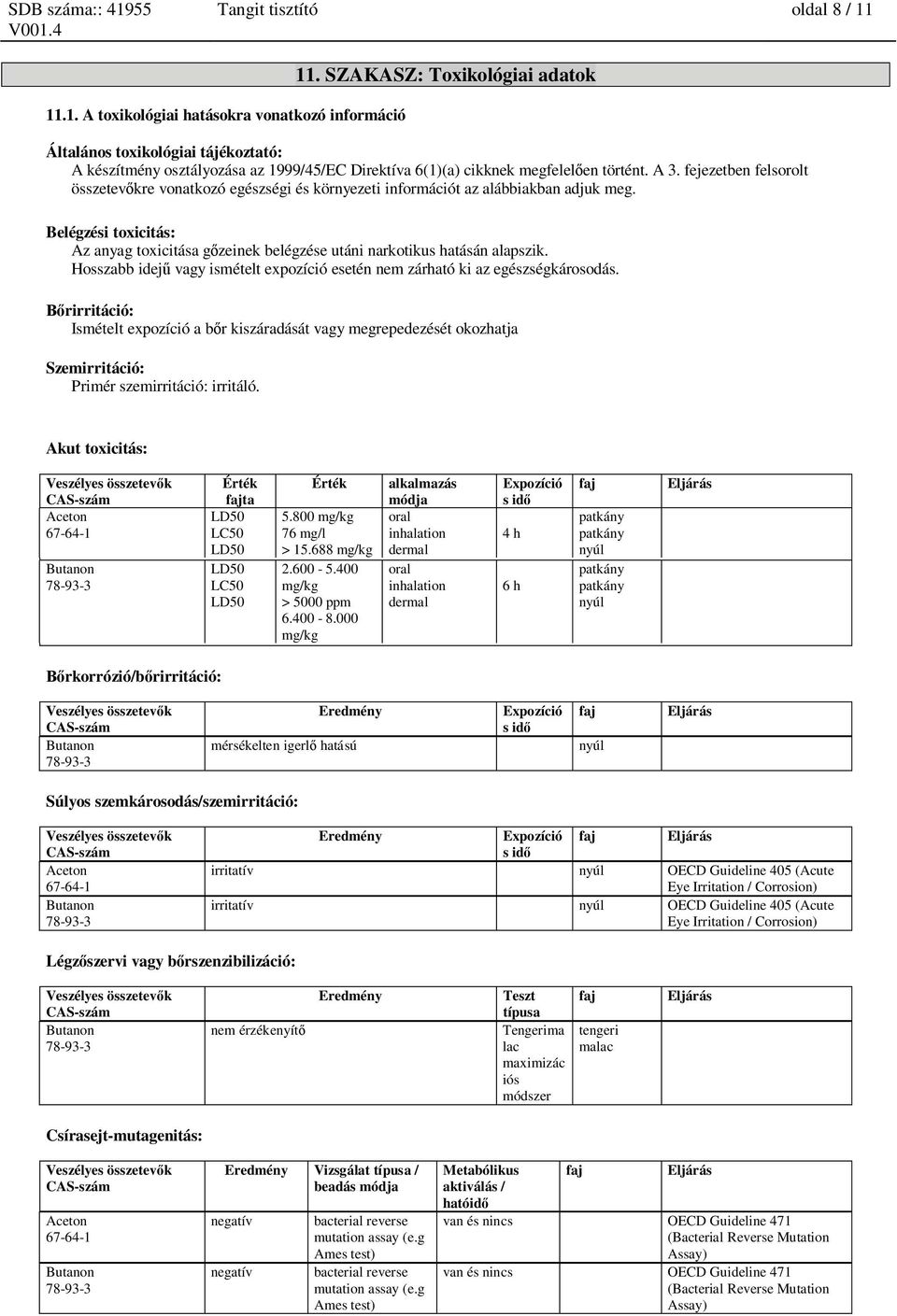 fejezetben felsorolt összetev kre vonatkozó egészségi és környezeti információt az alábbiakban adjuk meg. Belégzési toxicitás: Az anyag toxicitása g zeinek belégzése utáni narkotikus hatásán alapszik.