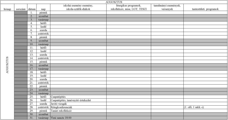 péntek 16. szombat 17. vasárnap 18. hétfő 19. kedd 20. szerda 21. csütörtök 22. péntek 23. szombat 24. vasárnap 25. hétfő Csapatépítés 26.