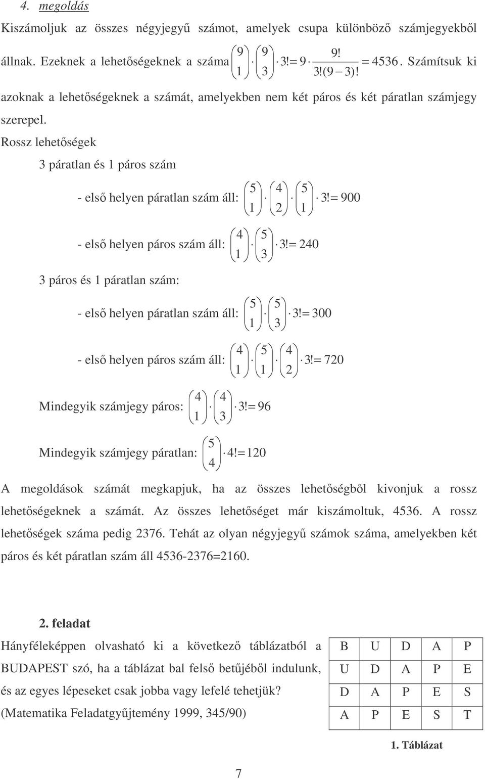 0 3 3 páros és páratla szám: - els helye páratla szám áll: 3! 300 3 - els helye páros szám áll: 3! 70 Midegyik számjegy páros: 3! 96 3 Midegyik számjegy páratla:!