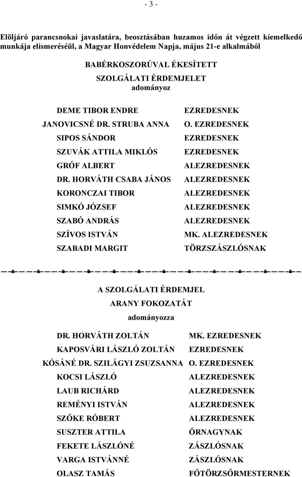 HORVÁTH CSABA JÁNOS KORONCZAI TIBOR SIMKÓ JÓZSEF SZABÓ ANDRÁS SZÍVOS ISTVÁN SZABADI MARGIT EZREDESNEK O. EZREDESNEK EZREDESNEK EZREDESNEK MK.