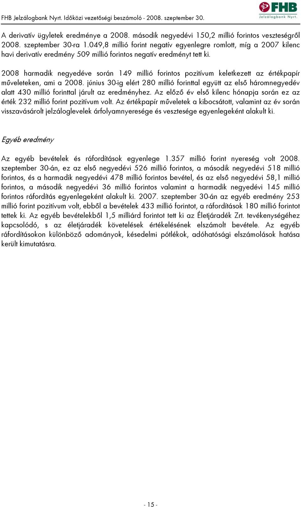 2008 harmadik negyedéve során 149 millió forintos pozitívum keletkezett az értékpapír műveleteken, ami a 2008.