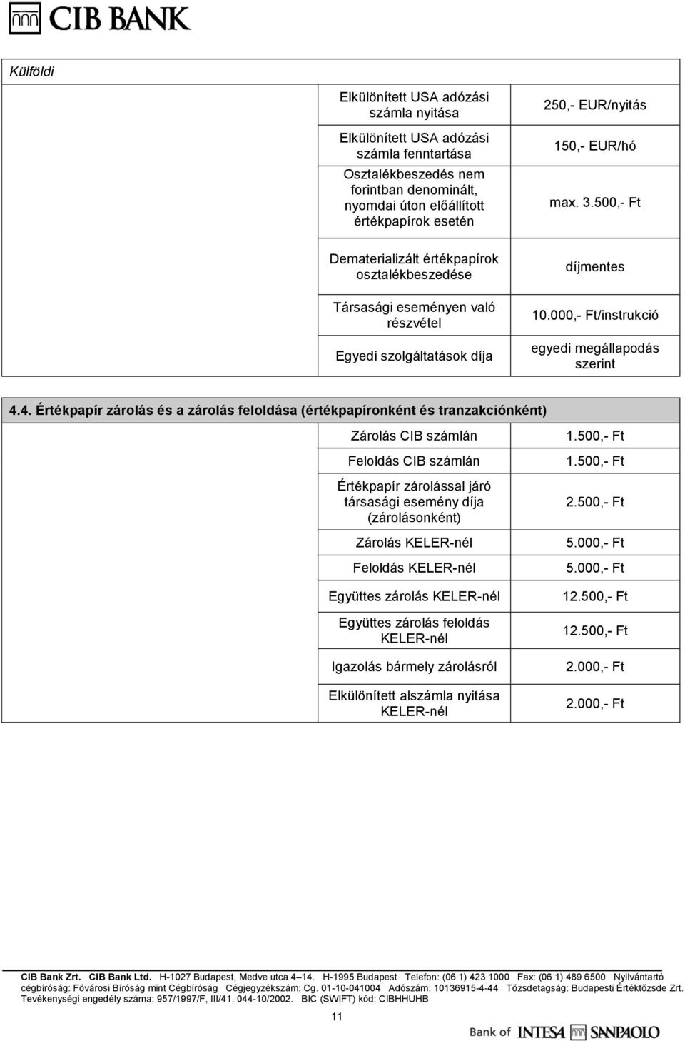 4. Értékpapír zárolás és a zárolás feloldása (értékpapíronként és tranzakciónként) Zárolás CIB számlán Feloldás CIB számlán Értékpapír zárolással járó társasági esemény díja (zárolásonként) Zárolás