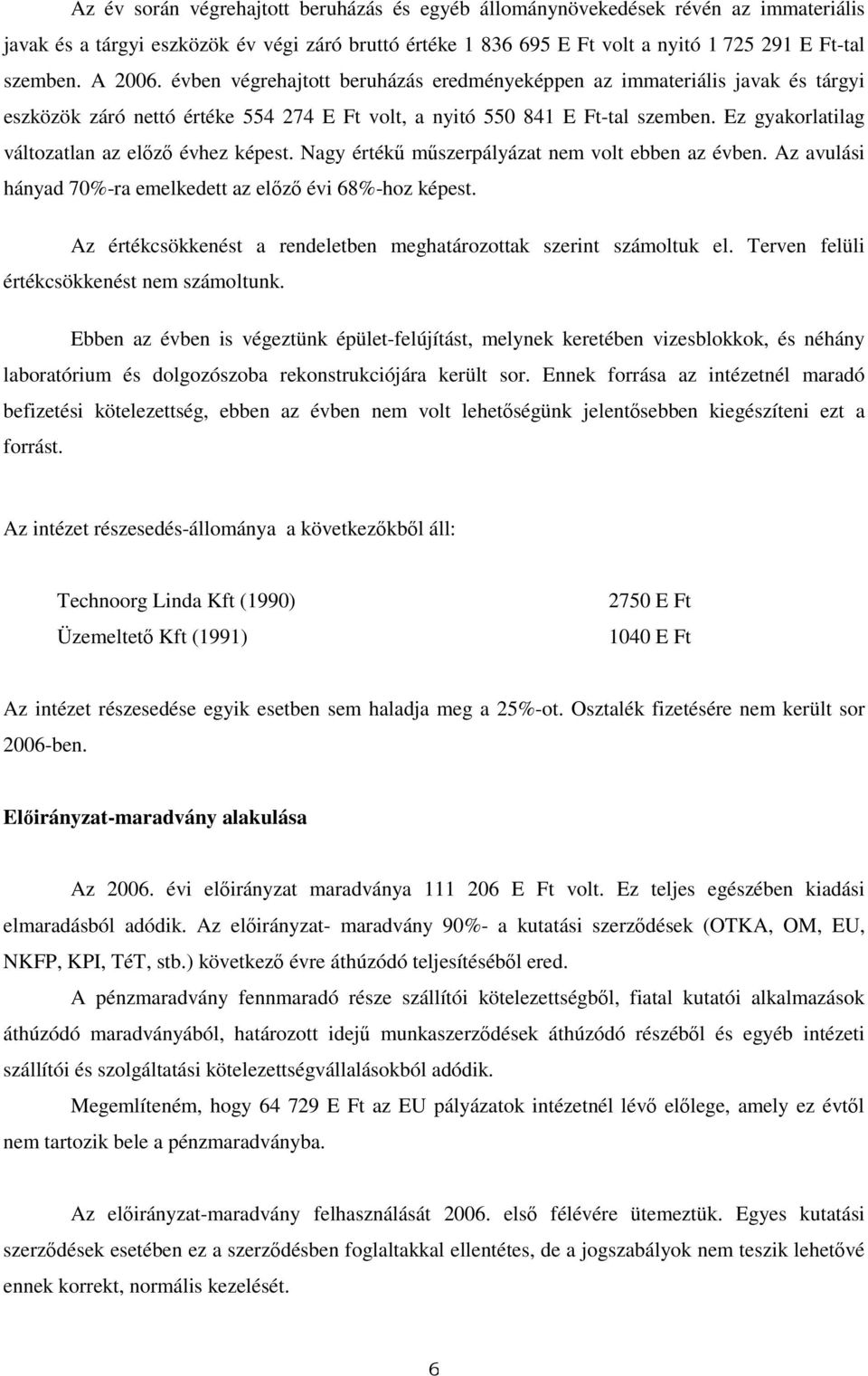 Ez gyakorlatilag változatlan az elızı évhez képest. Nagy értékő mőszerpályázat nem volt ebben az évben. Az avulási hányad 70%-ra emelkedett az elızı évi 68%-hoz képest.