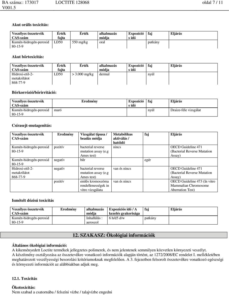 000 mg/kg dermal nyúl Eljárás Bőrkorrózió/bőrirritáció: Eredmény Expozíció s idő faj Eljárás maró nyúl Draize-féle vizsgálat Csírasejt-mutagenitás: Hidroxi-etil-2- metakrilátot Eredmény Vizsgálat