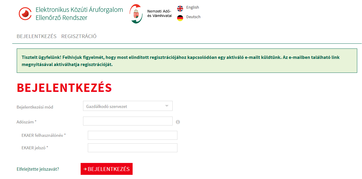 Az űrlapon szükséges adatok megadása után a Regisztráció gombra kattintva a rendszer ellenőrzi az adatokat, és létrehozza az új szállító partnert és az ahhoz kapcsolódó új felhasználót (létező