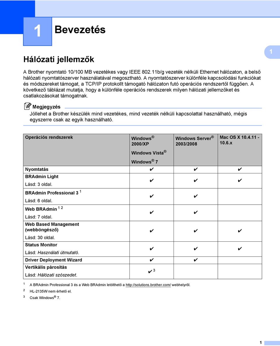 A következő táblázat mutatja, hogy a különféle operációs rendszerek milyen hálózati jellemzőket és csatlakozásokat támogatnak.