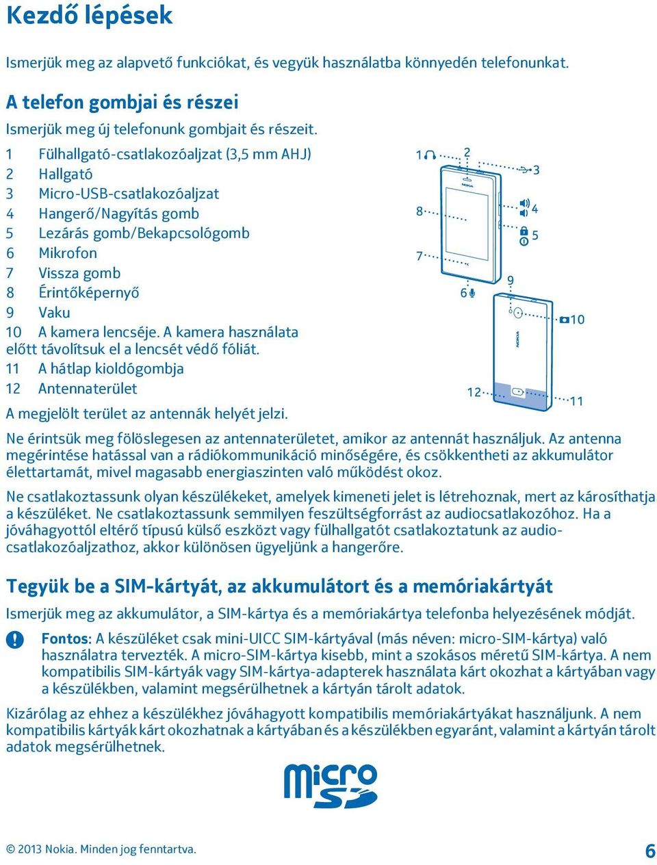 lencséje. A kamera használata előtt távolítsuk el a lencsét védő fóliát. 11 A hátlap kioldógombja 12 Antennaterület A megjelölt terület az antennák helyét jelzi.