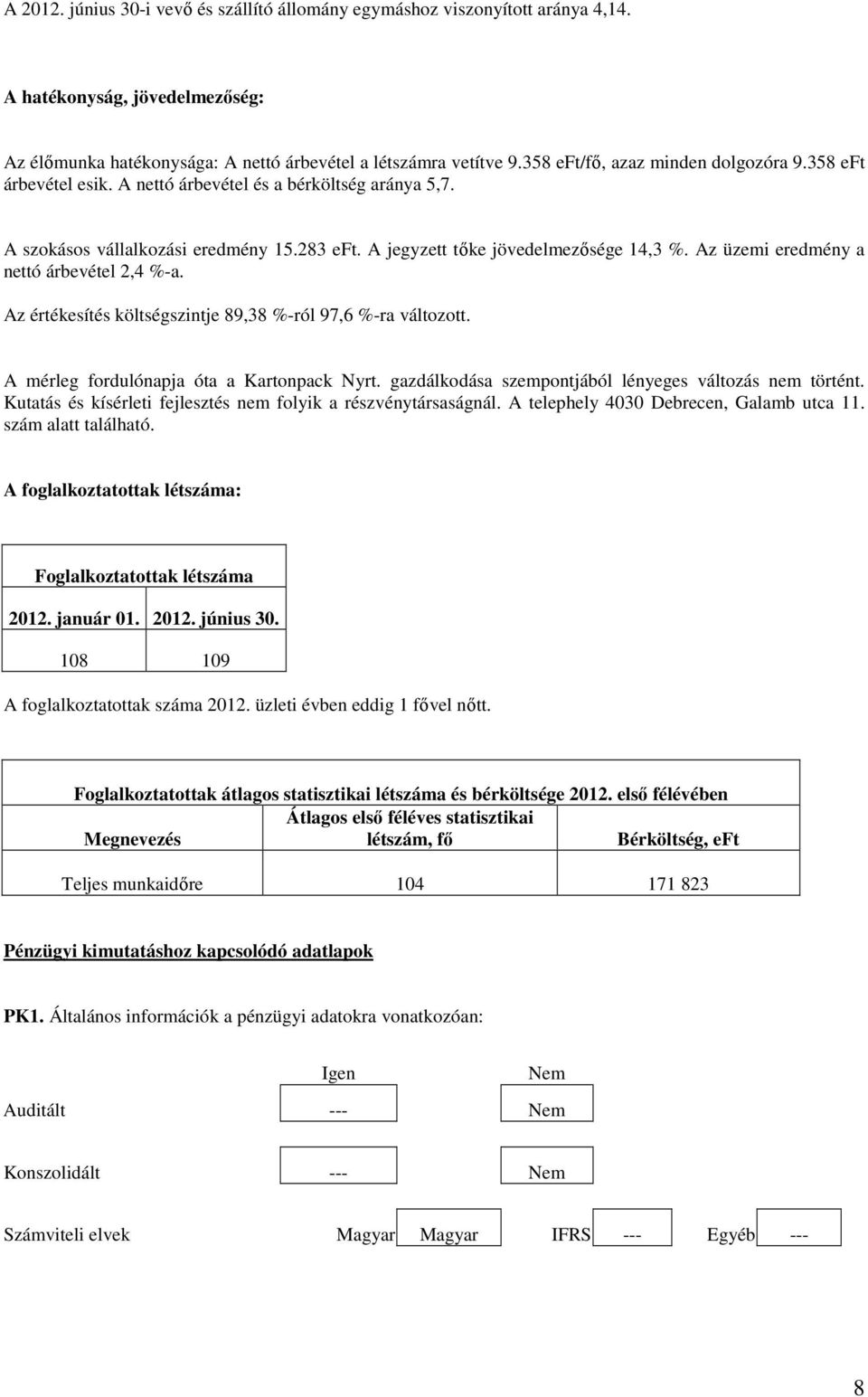 Az üzemi eredmény a nettó árbevétel 2,4 %-a. Az értékesítés költségszintje 89,38 %-ról 97,6 %-ra változott. A mérleg fordulónapja óta a Kartonpack Nyrt.