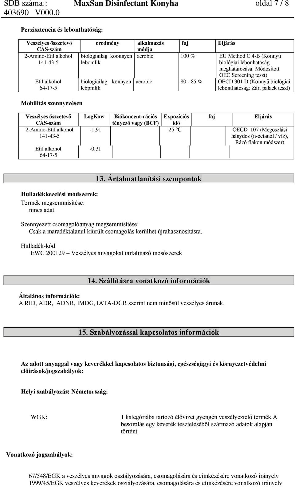 Biókoncent-rációs tényező vagy (BCF) Expozíciós idő -1,91 25 C OECD 107 (Megoszlási hánydos (n-octanol / víz), Rázó flakon módszer) -0,31 Hulladékkezelési módszerek: Termék megsemmisítése: nincs adat