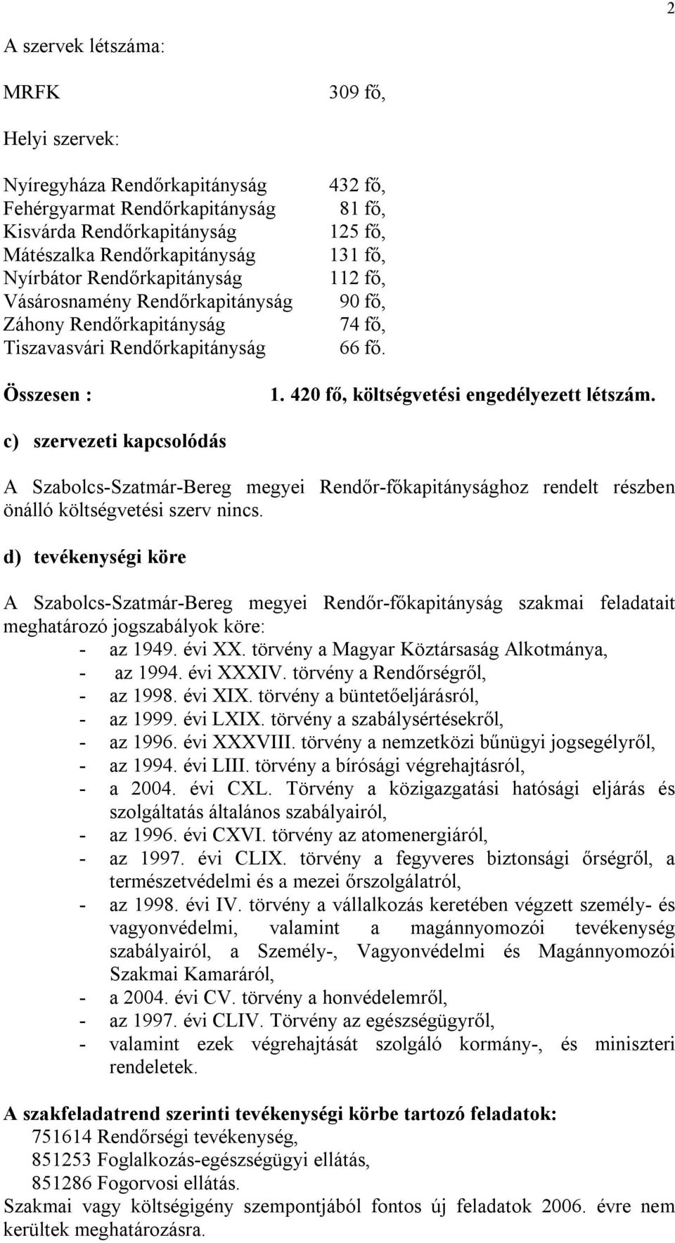 420 fő, költségvetési engedélyezett létszám. c) szervezeti kapcsolódás A Szabolcs-Szatmár-Bereg megyei Rendőr-főkapitánysághoz rendelt részben önálló költségvetési szerv nincs.