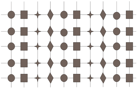 3. MODELLEK ÉS TULAJDONSÁGAIK 33 3.2. ábra. A Baxter-Wu-modell alrácsai háromszögrácson (balra). A két vizsgált Turban-modell négyzetrácson három (középen) illetve négy (jobbra) alráccsal.