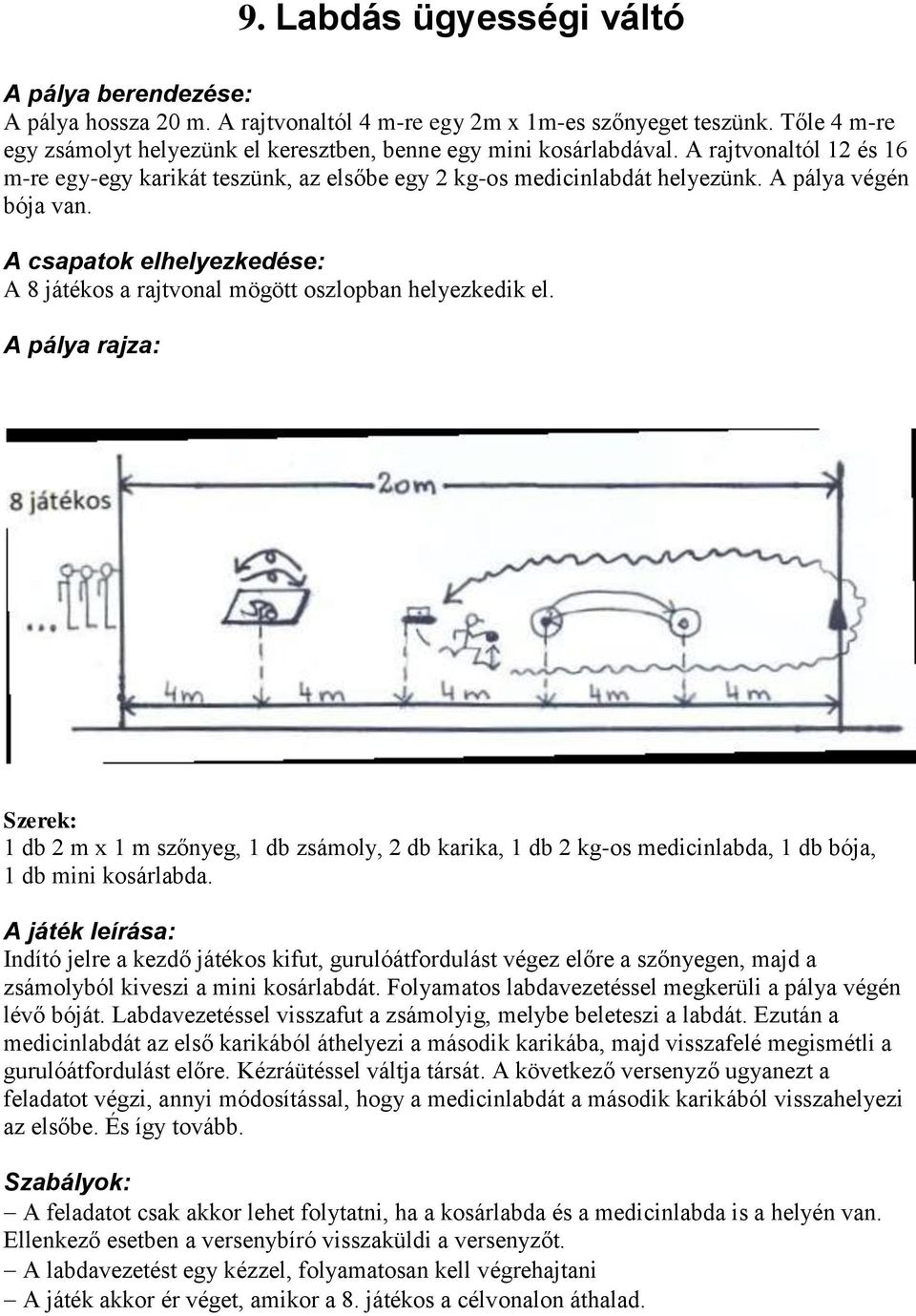 Szerek: 1 db 2 m x 1 m szőnyeg, 1 db zsámoly, 2 db karika, 1 db 2 kg-os medicinlabda, 1 db bója, 1 db mini kosárlabda.