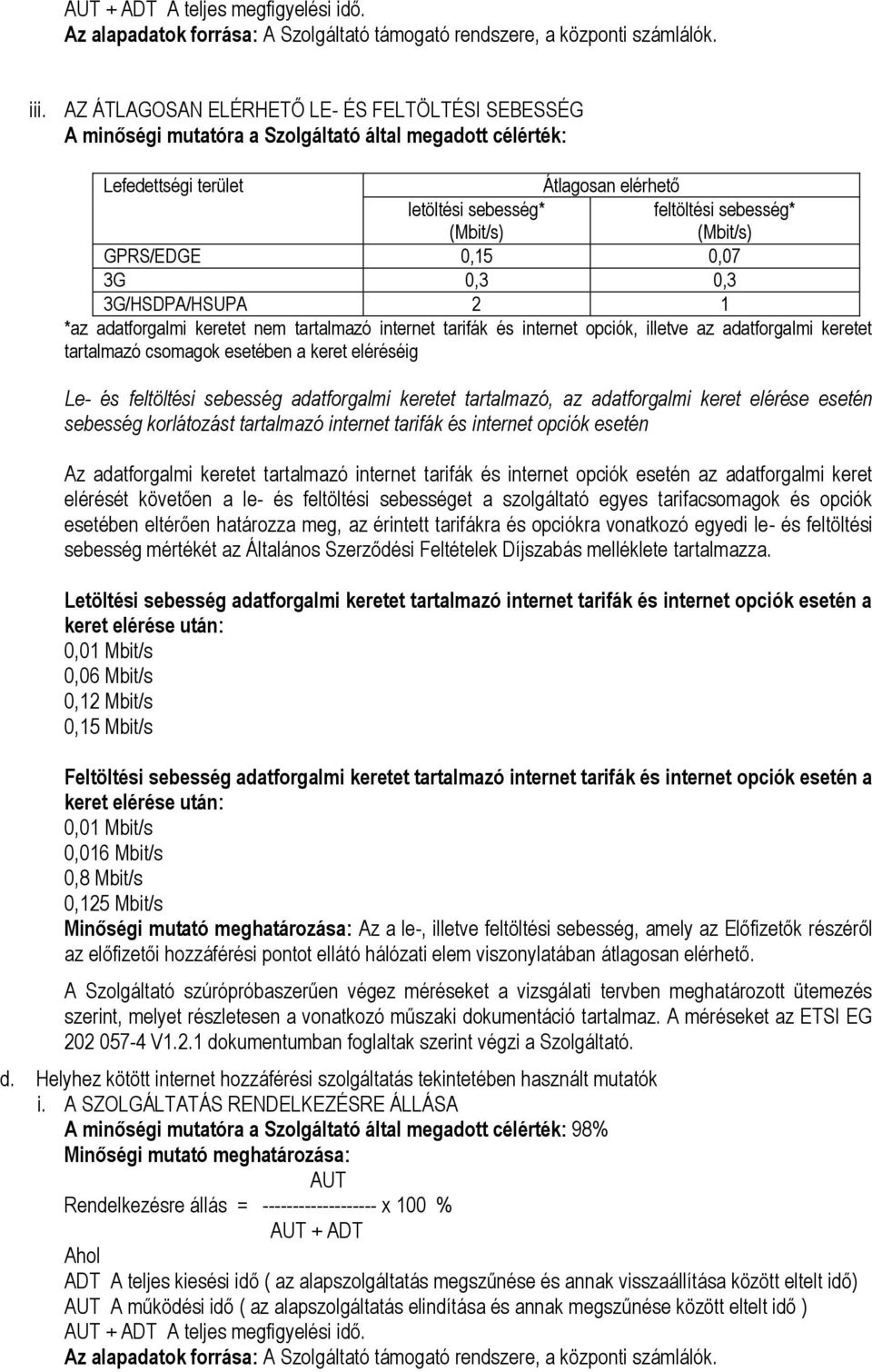 (Mbit/s) GPRS/EDGE 0,15 0,07 3G 0,3 0,3 3G/HSDPA/HSUPA 2 1 *az adatforgalmi keretet nem tartalmazó internet tarifák és internet opciók, illetve az adatforgalmi keretet tartalmazó csomagok esetében a