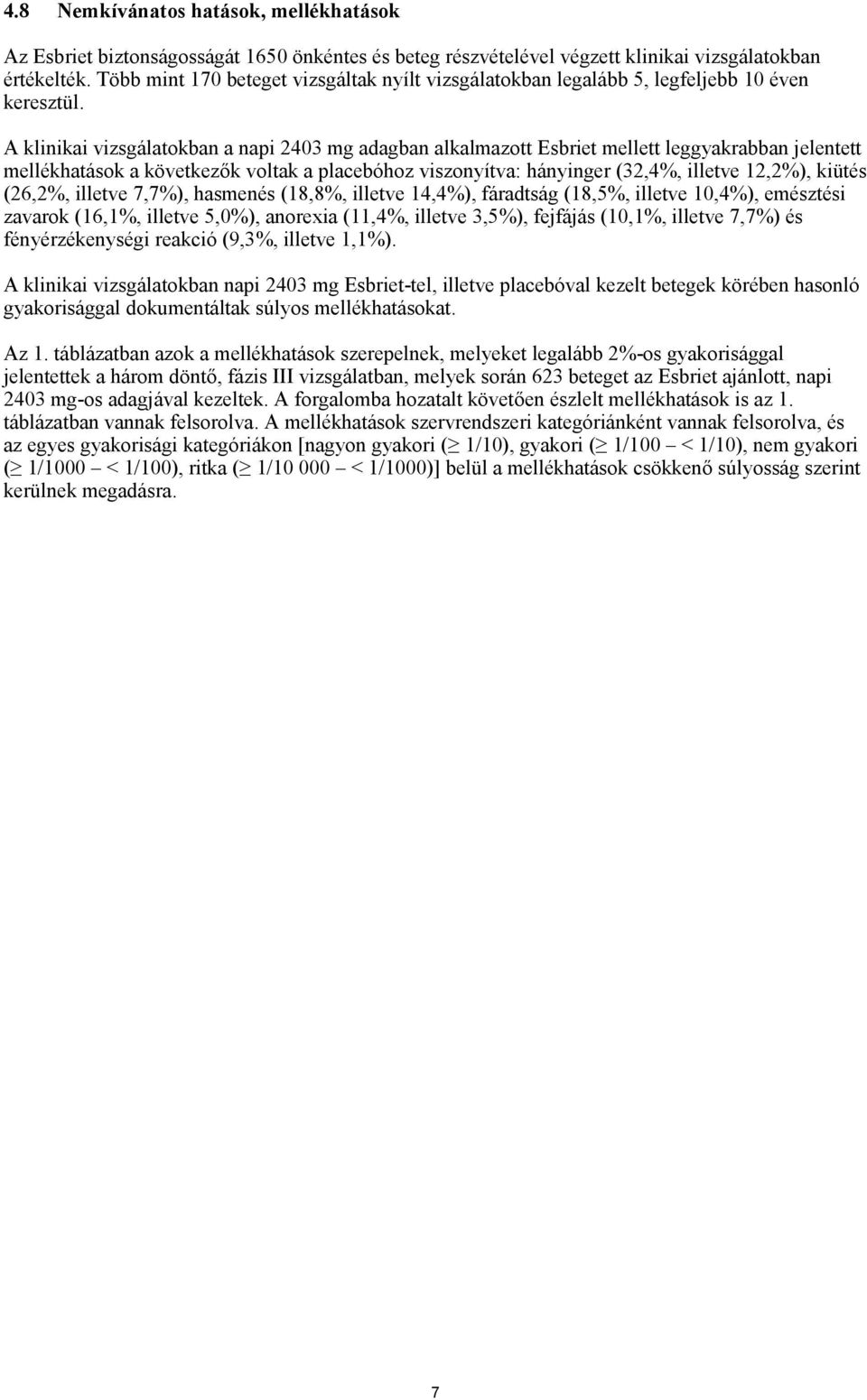 A klinikai vizsgálatokban a napi 2403 mg adagban alkalmazott Esbriet mellett leggyakrabban jelentett mellékhatások a következők voltak a placebóhoz viszonyítva: hányinger (32,4%, illetve 12,2%),