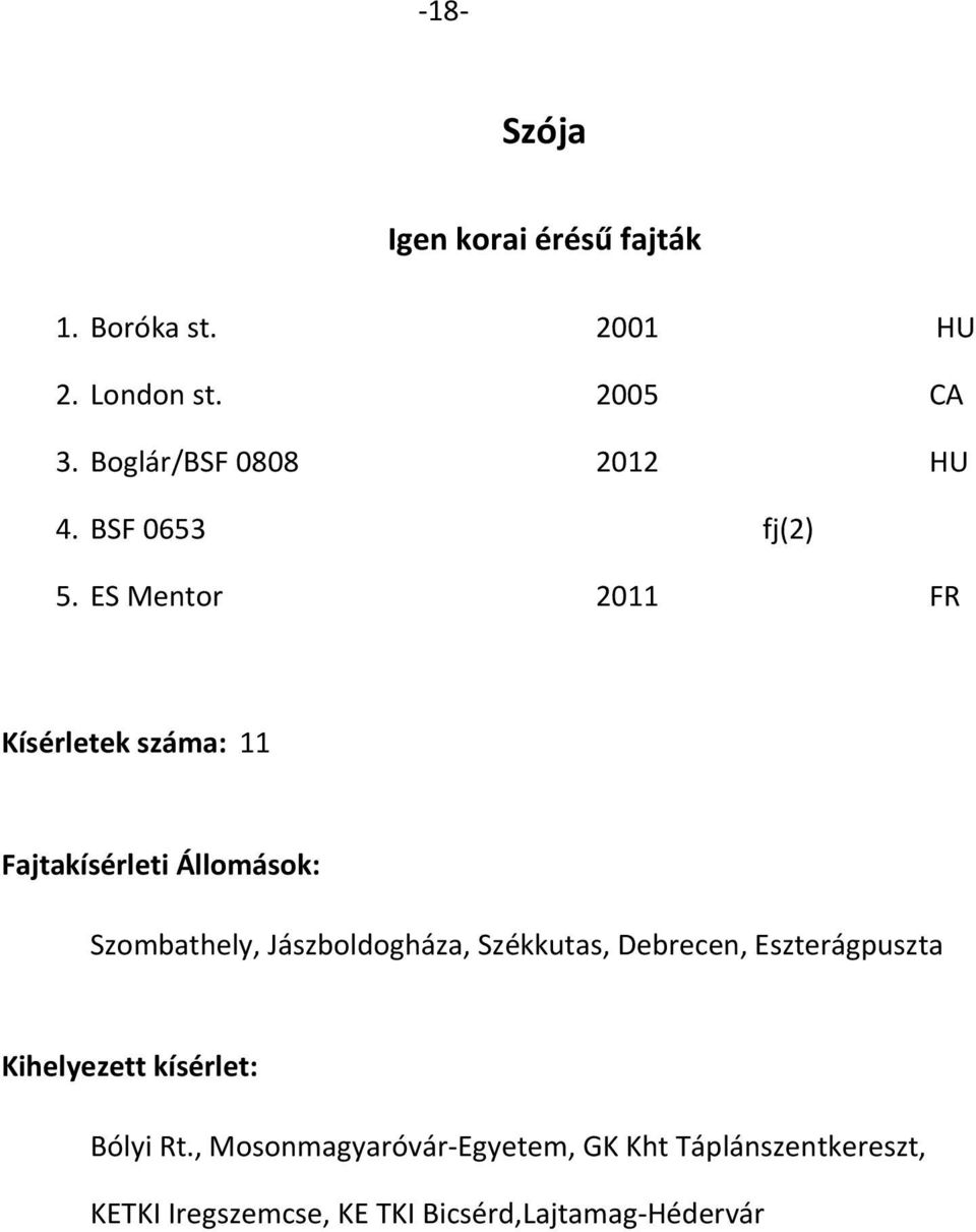 ES Mentor 2011 FR Kísérletek száma: 11 Szombathely, Jászboldogháza, Székkutas, Debrecen,
