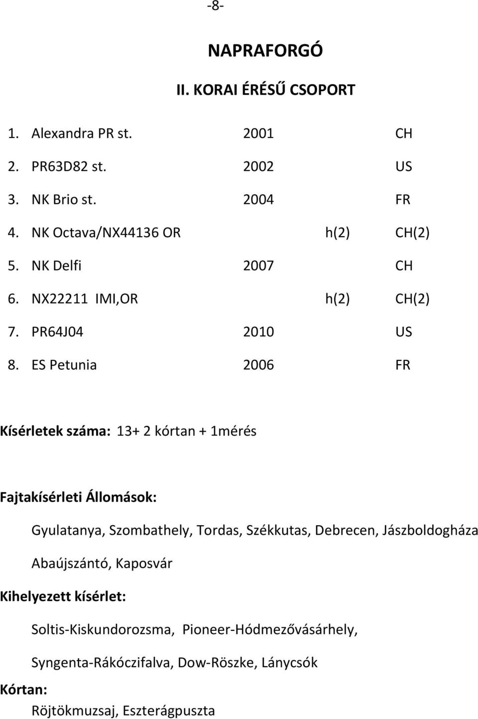 ES Petunia 2006 FR Kísérletek száma: 13+ 2 kórtan + 1mérés Gyulatanya, Szombathely, Tordas, Székkutas, Debrecen, Jászboldogháza