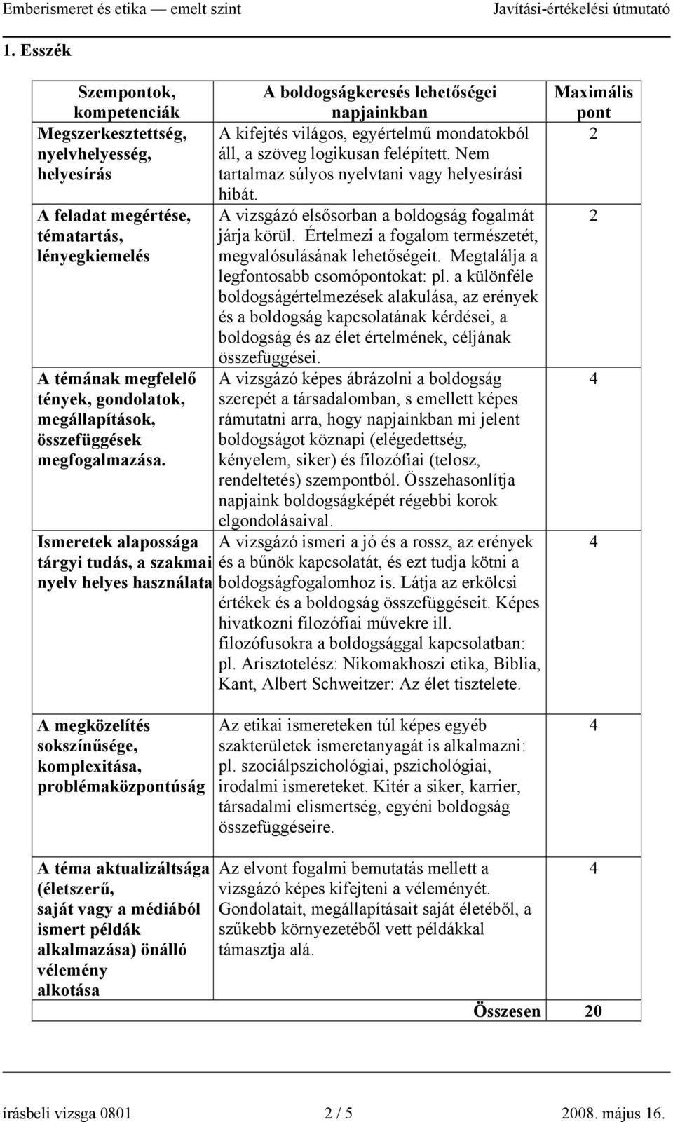 Nem tartalmaz súlyos nyelvtani vagy i hibát. A vizsgázó elsősorban a boldogság fogalmát járja körül. Értelmezi a fogalom természetét, megvalósulásának lehetőségeit.