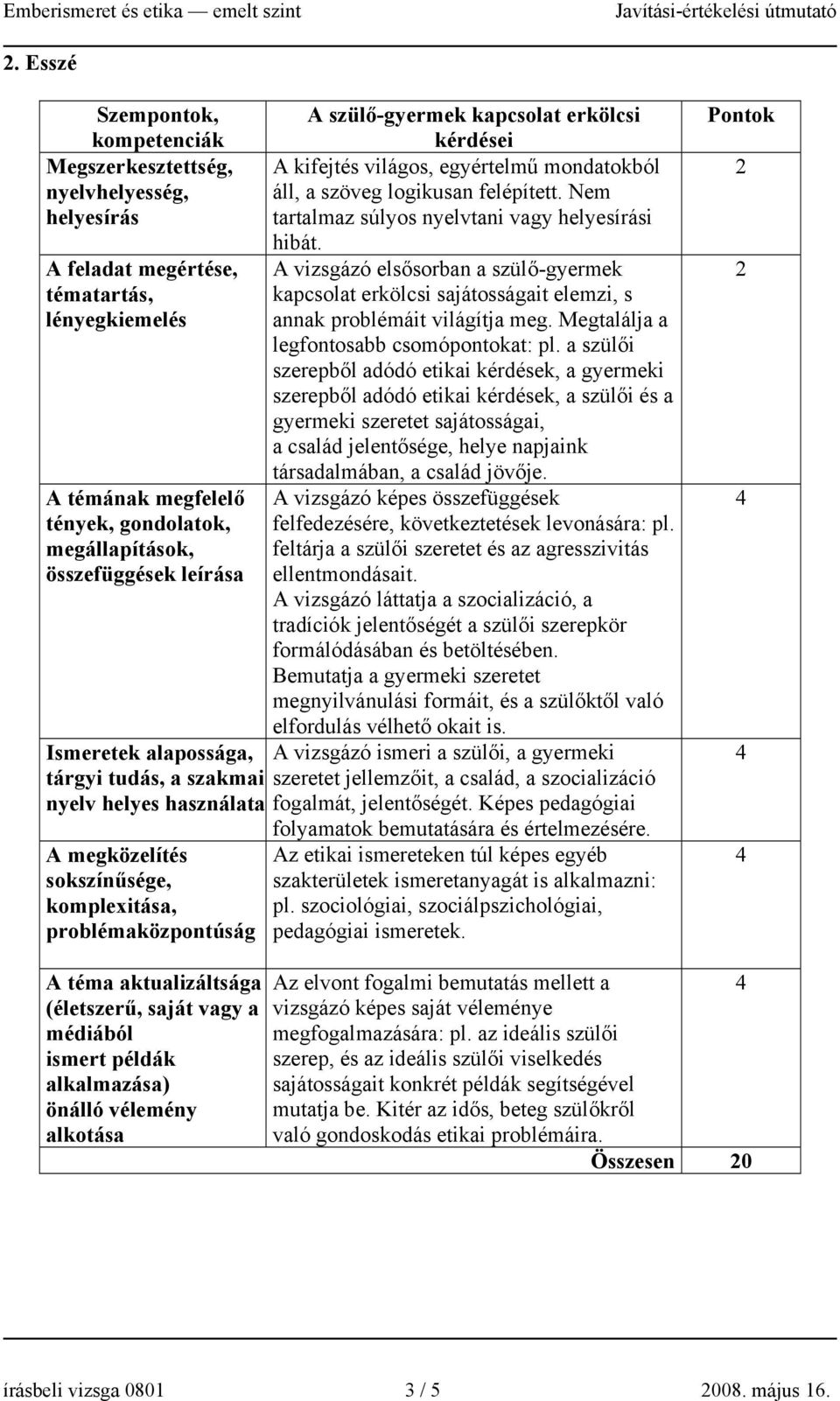 Nem tartalmaz súlyos nyelvtani vagy i hibát. A vizsgázó elsősorban a szülő-gyermek kapcsolat erkölcsi sajátosságait elemzi, s annak problémáit világítja meg. Megtalálja a legfontosabb csomóokat: pl.