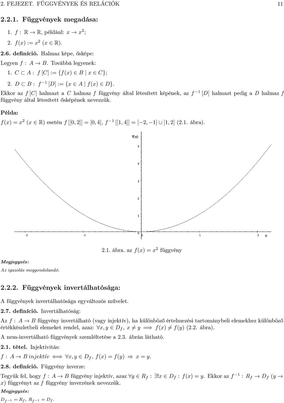 Péld: f(x = x 2 (x R eseté f [[0, 2]] = [0, 4], f [[, 4]] = [ 2, ] [, 2] (2.. ábr. Megjegyzés: Az igzolás meggodoldó. 2.. ábr. z f(x = x 2 függvéy 2.2.2. Függvéyek ivertálhtóság: A függvéyek ivertálhtóság egyváltozós művelet.