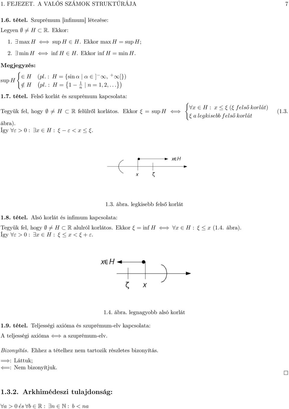 { x H : x ξ (ξ felső korlát ξ legkisebb felső korlát (.3..3. ábr. legkisebb felső korlát.8. tétel. Alsó korlát és ifimum kpcsolt: Tegyük fel, hogy H R lulról korlátos. Ekkor ξ = if H x H : ξ x (.4.