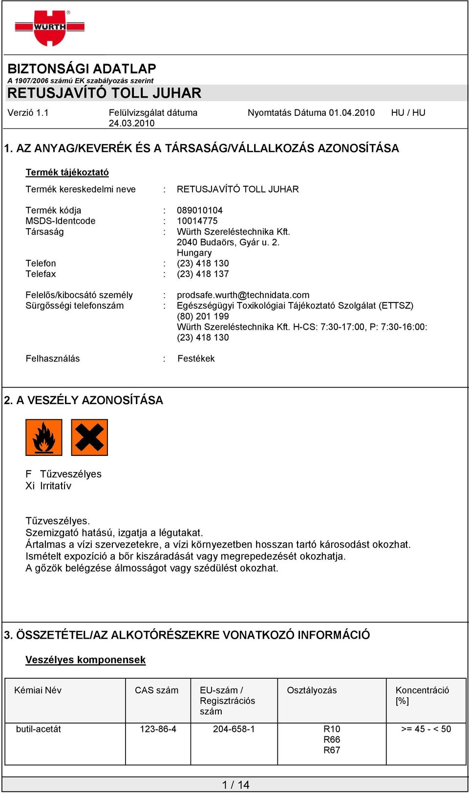 com Sürgősségi telefonszám : Egészségügyi Toxikológiai Tájékoztató Szolgálat (ETTSZ) (80) 201 199 Würth Szereléstechnika Kft. H-CS: 7:30-17:00, P: 7:30-16:00: (23) 418 130 Felhasználás : Festékek 2.