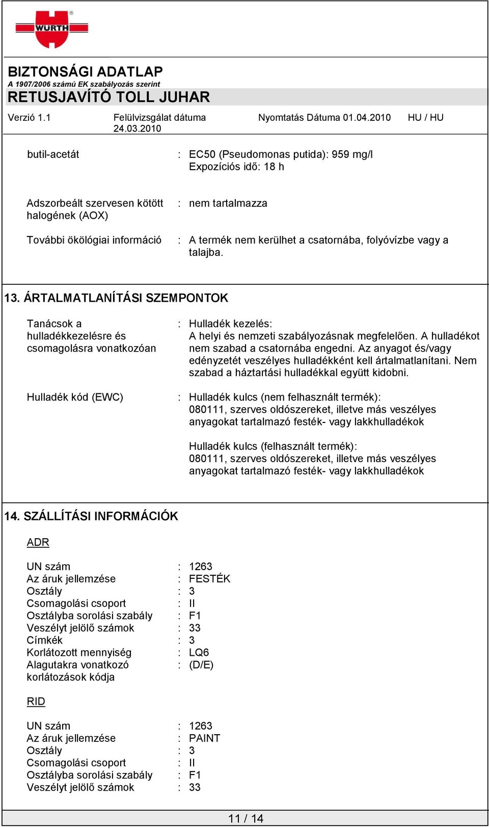 ÁRTALMATLANÍTÁSI SZEMPONTOK Tanácsok a hulladékkezelésre és csomagolásra vonatkozóan Hulladék kód (EWC) : Hulladék kezelés: A helyi és nemzeti szabályozásnak megfelelően.