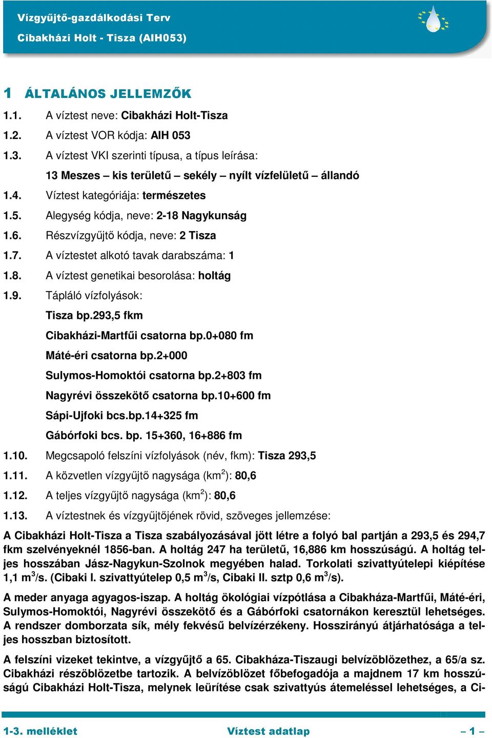 9. Tápláló vízfolyások: bp.293,5 fkm Cibakházi-Martfűi csatorna bp.0+080 fm Máté-éri csatorna bp.2+000 Sulymos-Homoktói csatorna bp.2+803 fm Nagyrévi összekötő csatorna bp.10+600 fm Sápi-Ujfoki bcs.