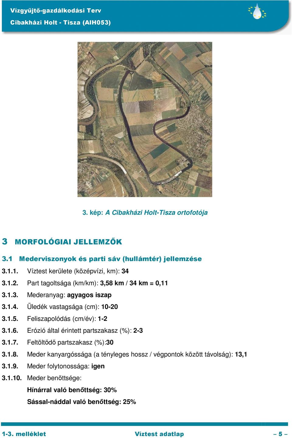 Erózió által érintett partszakasz (%): 2-3 3.1.7. Feltöltődő partszakasz (%):30 3.1.8. Meder kanyargóssága (a tényleges hossz / végpontok között távolság): 13,1 3.