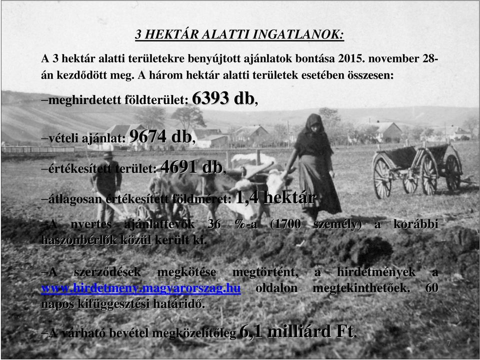értékesített földméret: 1,4 hektár A nyertes ajánlattevők 36 %-a% a (1700 személy) a korábbi haszonbérl rlők k közülk került ki.