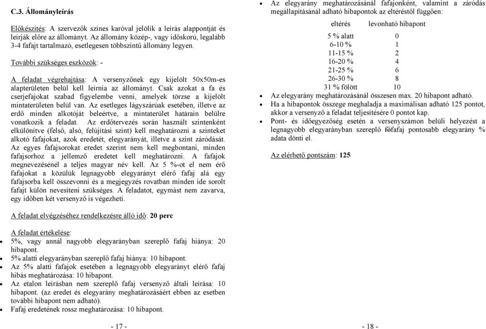 További szükséges eszközök: - A feladat végrehajtása: A versenyzőnek egy kijelölt 50x50m-es alapterületen belül kell leírnia az állományt.