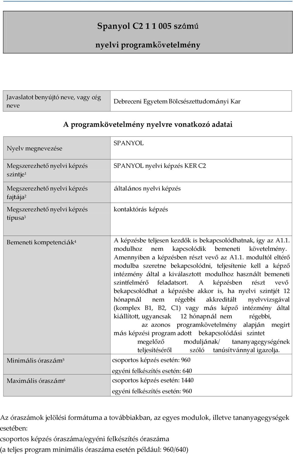 Bemeneti kompetenciák 4 Minimális óraszám 5 csoportos képzés esetén: 960 A képzésbe teljesen kezdők is bekapcsolódhatnak, így az A1.1. modulhoz nem kapcsolódik bemeneti követelmény.