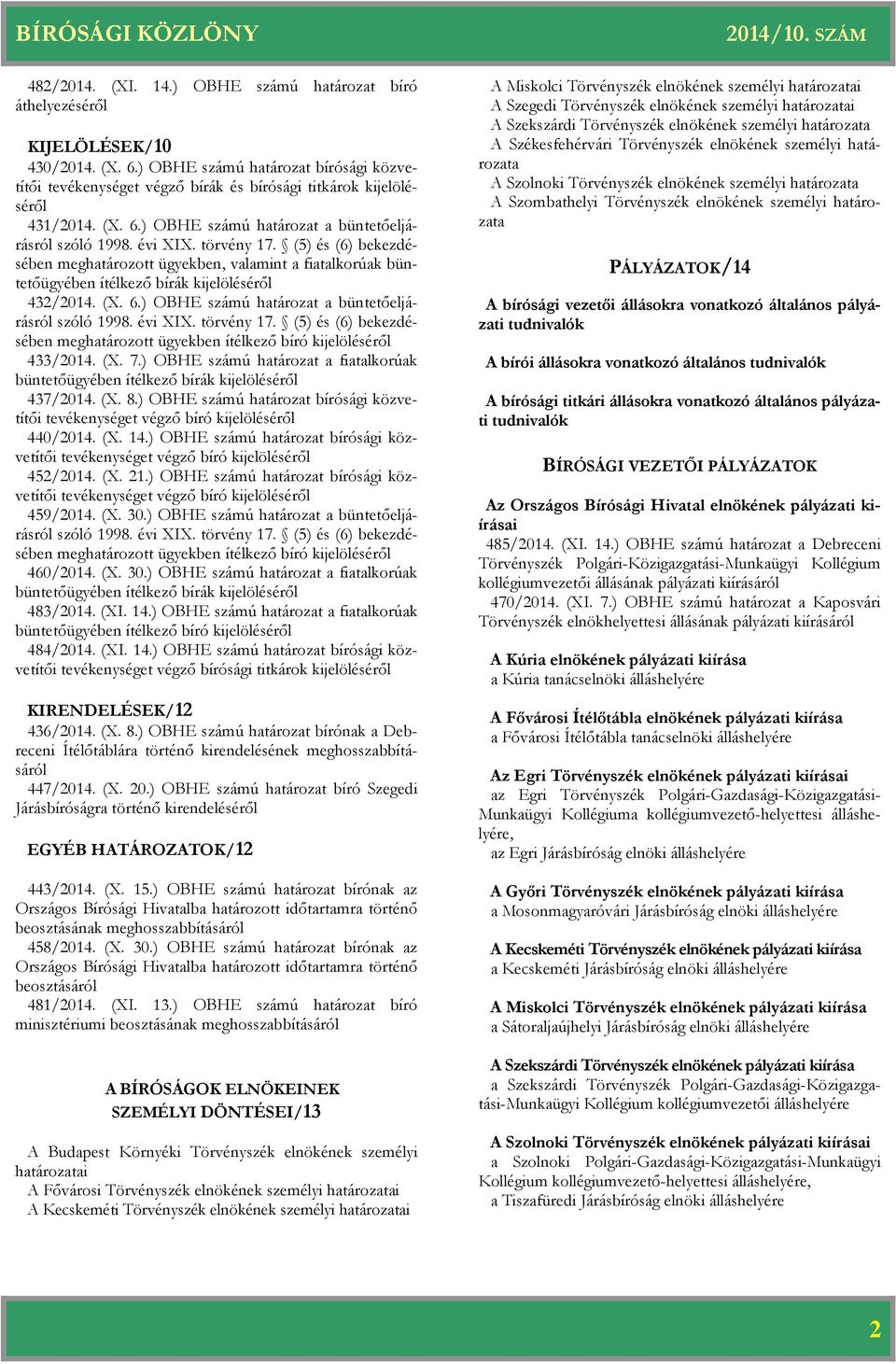 évi XIX. törvény 17. (5) és (6) bekezdésében meghatározott ügyekben ítélkező bíró kijelöléséről 433/2014. (X. 7.) OBHE számú a fiatalkorúak büntetőügyében ítélkező bírák kijelöléséről 437/2014. (X. 8.