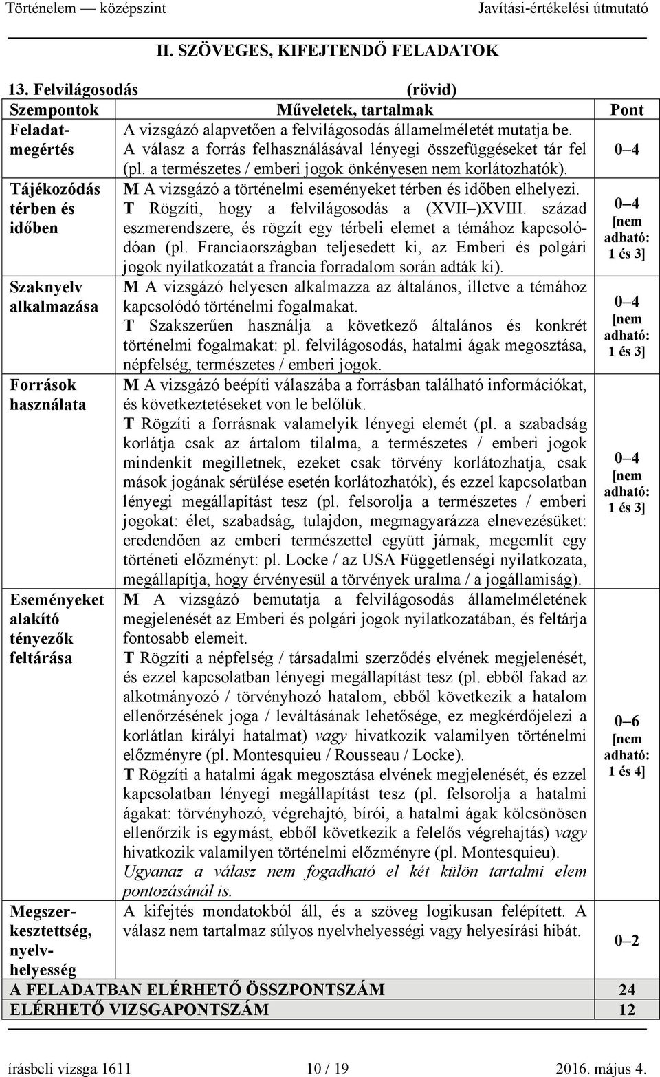 nyelvhelyesség (pl. a természetes / emberi jogok önkényesen nem korlátozhatók). M A vizsgázó a történelmi eseményeket térben és időben elhelyezi. T Rögzíti, hogy a felvilágosodás a (XVII )XVIII.