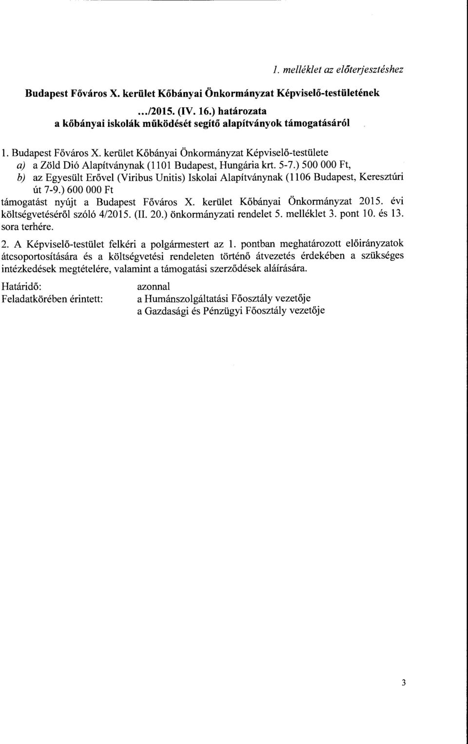 kerület Kőbányai Önkormányzat Képviselő-testülete a) a Zöld Dió Alapítványnak (1101 Budapest, Hungária krt. 5-7.