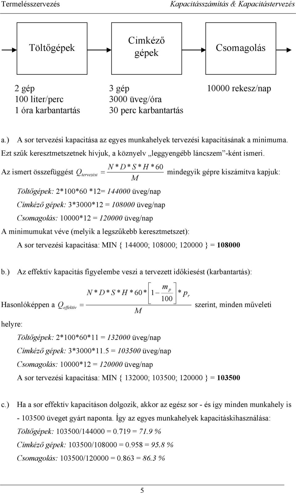 N * D * S * H * 60 Az ismet összefüggést Q tevezési mindegyik gépe kiszámítva kapjuk: Töltőgépek: 2*100*60 *12 144000 üveg/nap Címkéző gépek: 3*3000*12 108000 üveg/nap Csomagolás: 10000*12 120000