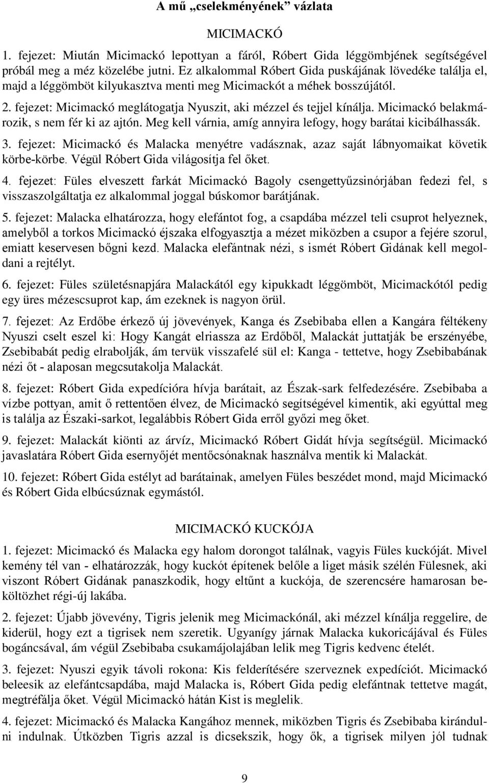 fejezet: Micimackó meglátogatja Nyuszit, aki mézzel és tejjel kínálja. Micimackó belakmározik, s nem fér ki az ajtón. Meg kell várnia, amíg annyira lefogy, hogy barátai kicibálhassák. 3.