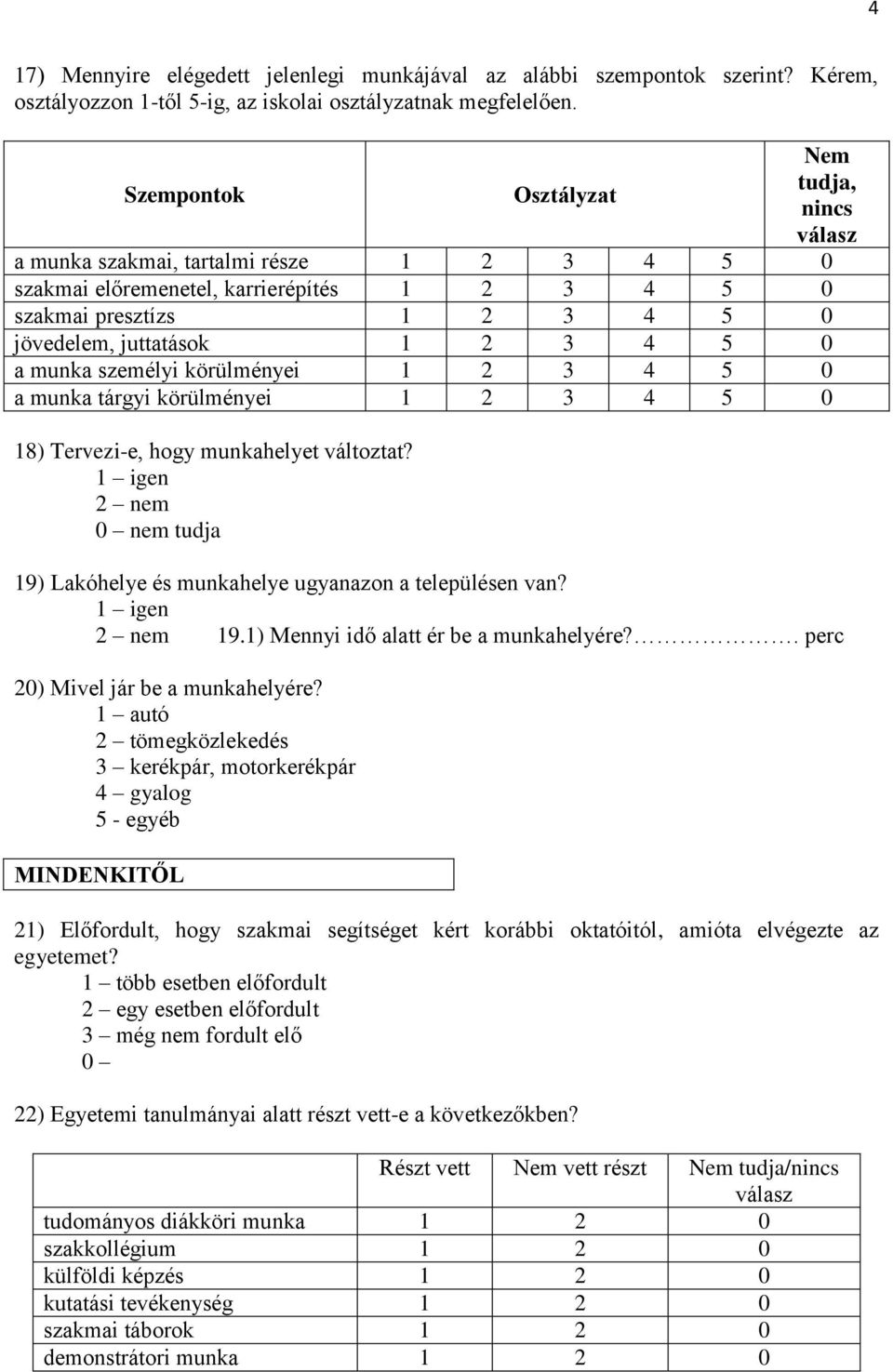 0 a munka személyi körülményei 1 2 3 4 5 0 a munka tárgyi körülményei 1 2 3 4 5 0 18) Tervezi-e, hogy munkahelyet változtat? 2 nem nem tudja 19) Lakóhelye és munkahelye ugyanazon a településen van?